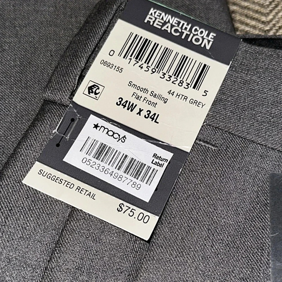 NWT KENNETH COLE REACTION SMOOTH SAILING FLAT FRONT 34X34 HTR GRAY DRESS PANT - Picture 8 of 8